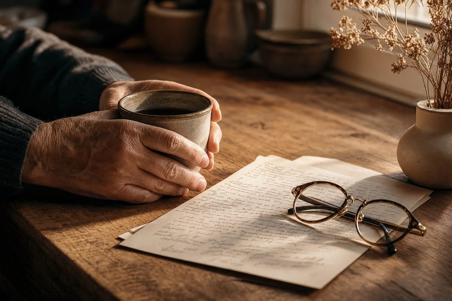 Hands holding a coffee mug on a warm wooden kitchen table, beside handwritten notes and reading glasses, soft window light.