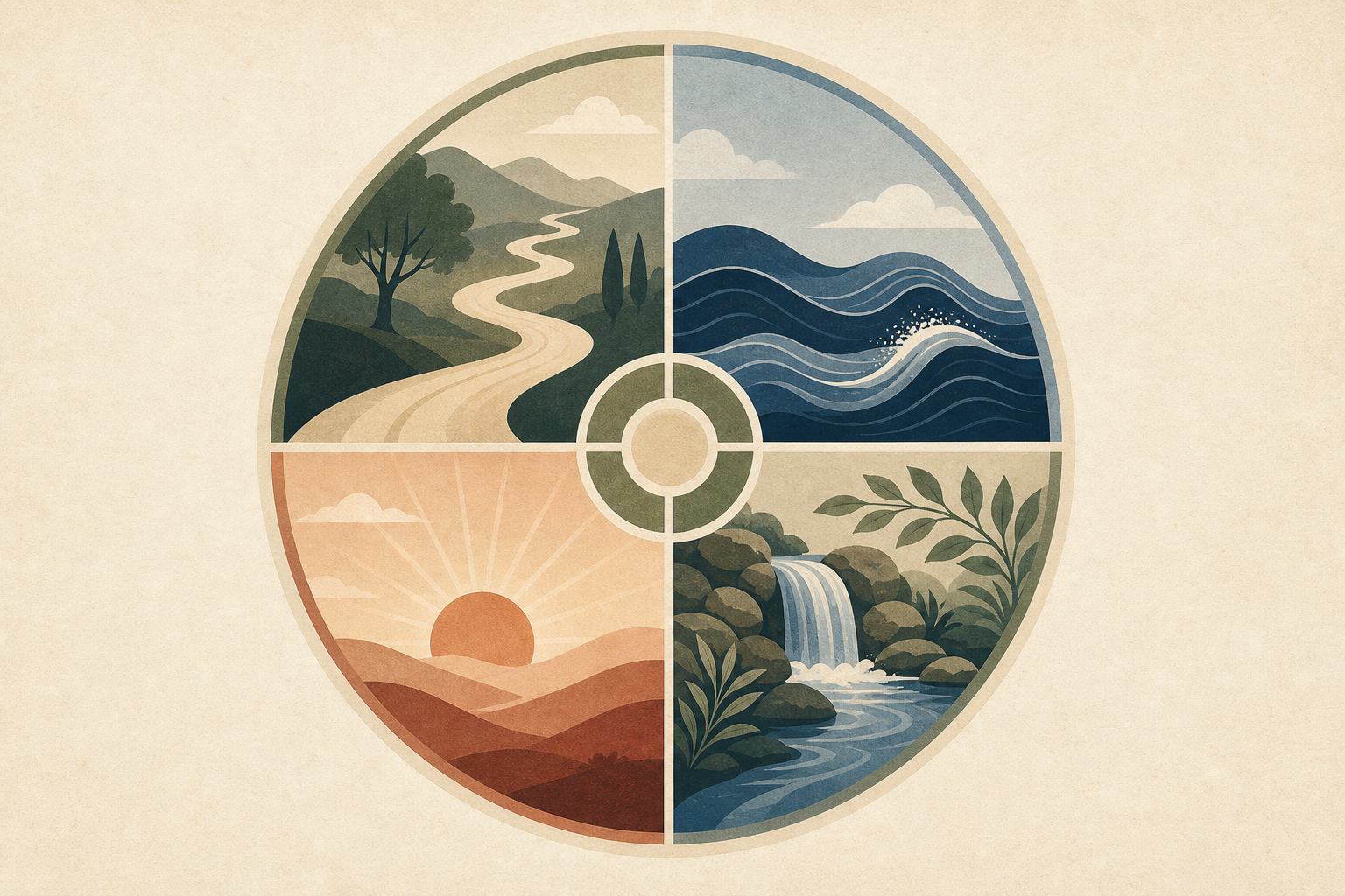 Editorial illustration of four interconnected retirement risks: longevity, inflation, market timing, and healthcare