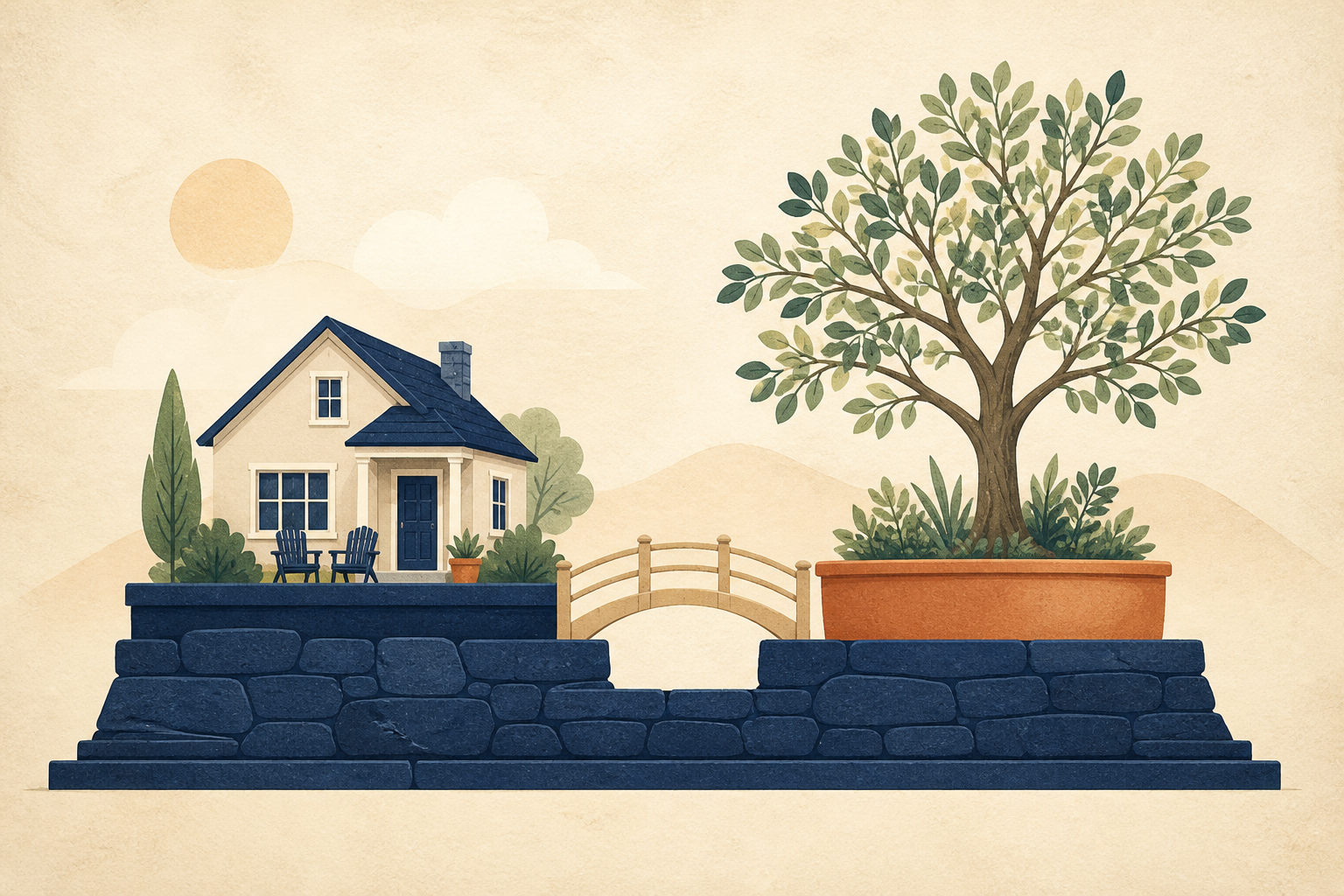 Editorial illustration of a stable income foundation supporting a separate long-term growth bucket
