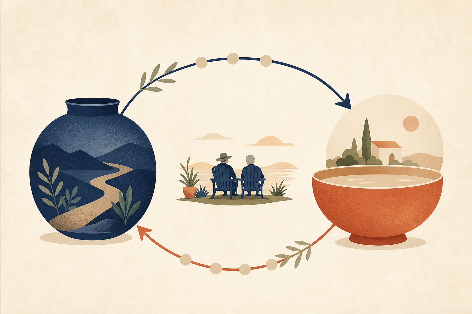 Two retirement buckets connected in a continuous cycle around a calm retired couple
