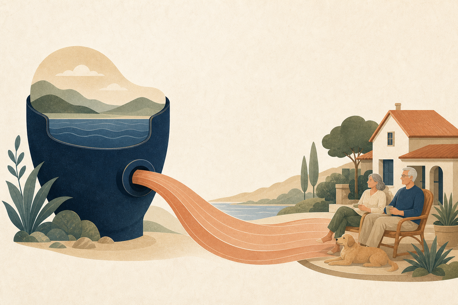 Editorial illustration of retirement savings flowing into a steady stream of household income