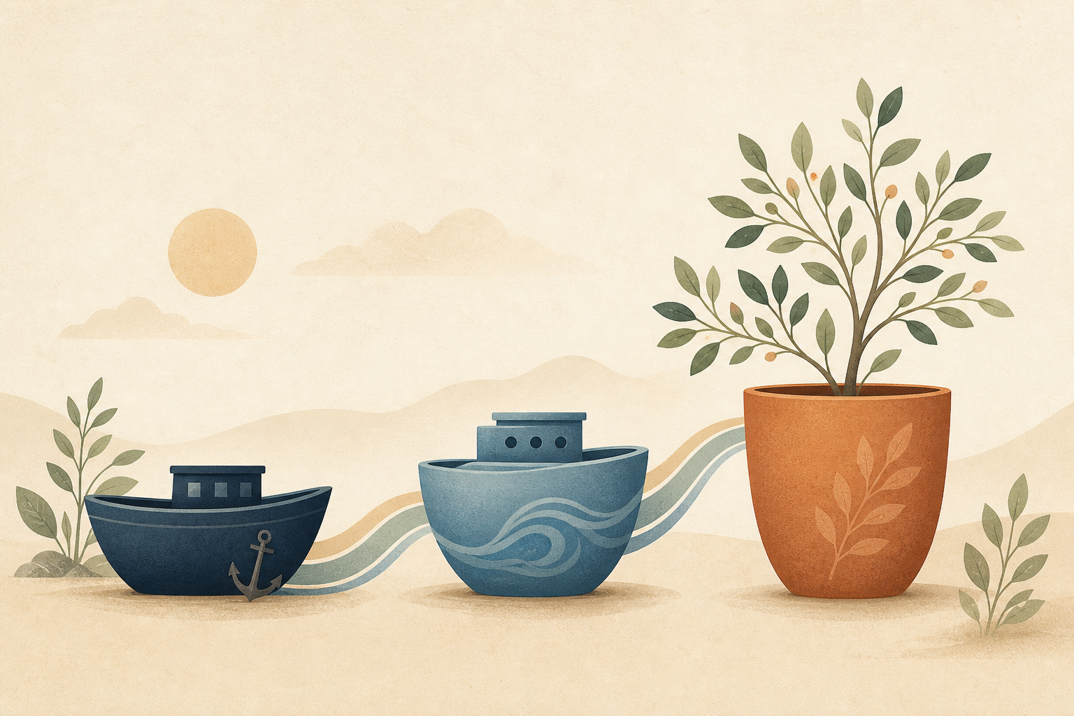 Editorial illustration of three coordinated retirement buckets for near-term income, stability, and long-term growth