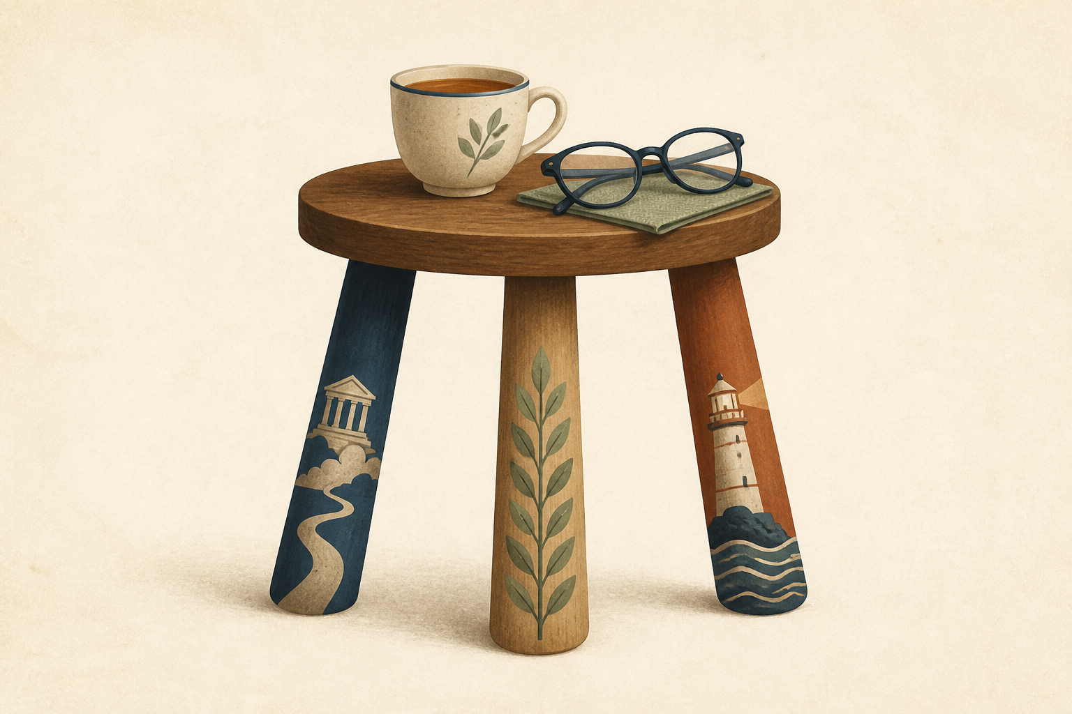 Editorial illustration of a sturdy three-legged stool representing Social Security, personal savings, and reliable income